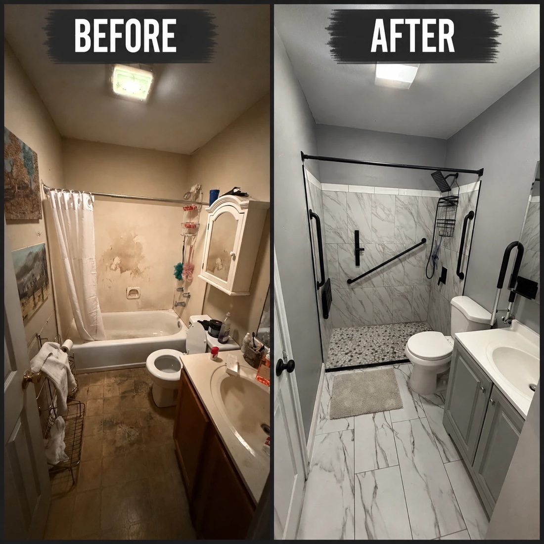 Full accessible bathroom remodel before and after by Young's Quality Contracting